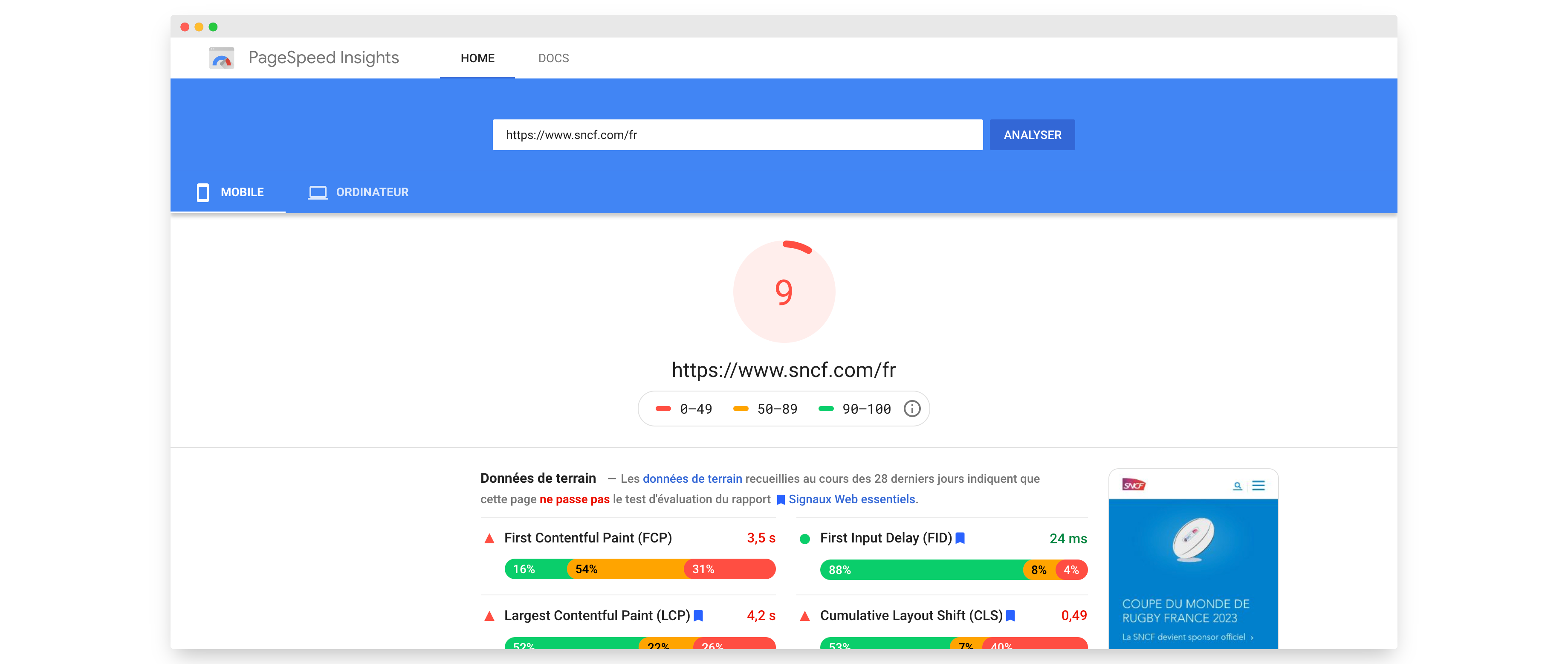 Page Speed result SNCF